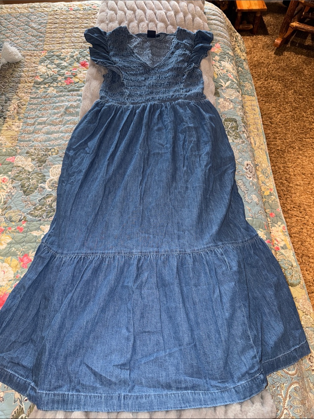 Gap Blue Denim Maxi Dress with Smocked Bodice and Flutter Sleeves